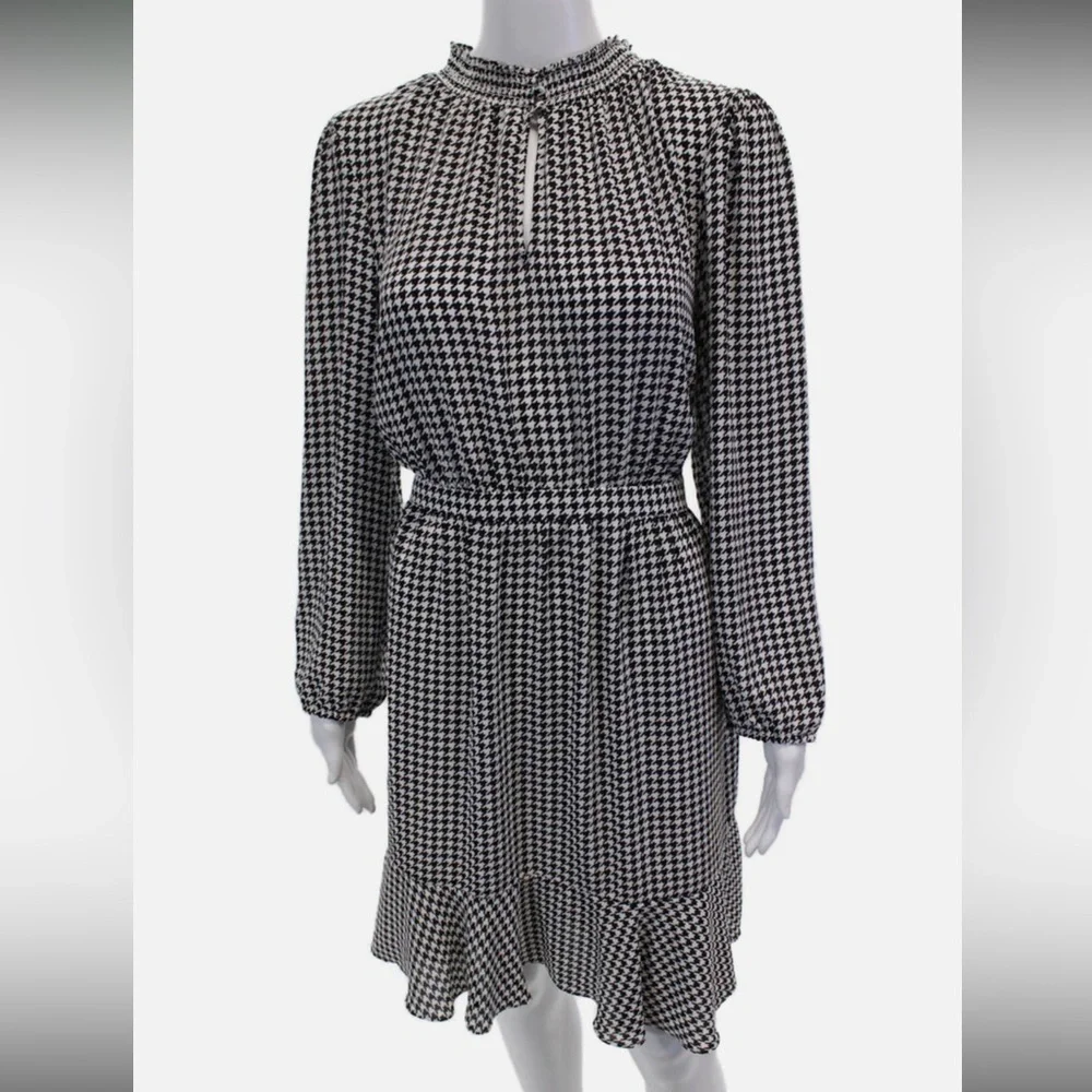 J Crew Womens Houndstooth Print Long Sleeve Ruffle Hem Dress White Black Size 10